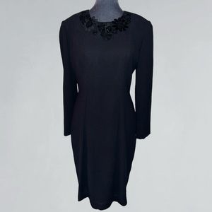 Vintage MS Chaus modest long sleeve cocktail dress floral Applique at neckline